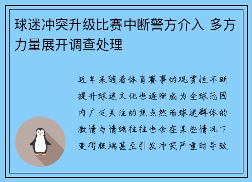 球迷冲突升级比赛中断警方介入 多方力量展开调查处理